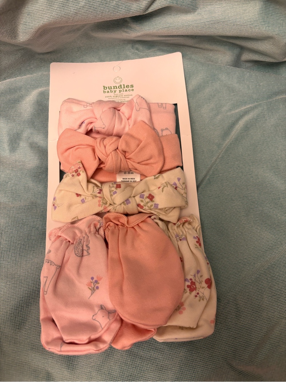 Baby Place Organic Cotton Baby Bow Headbands & Mittens Set Pink Floral 0–6M